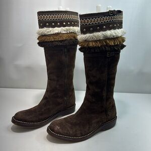 UGG AUSTRALIA Brown Tall Suede Sheepskin Boots Fringe Native Style